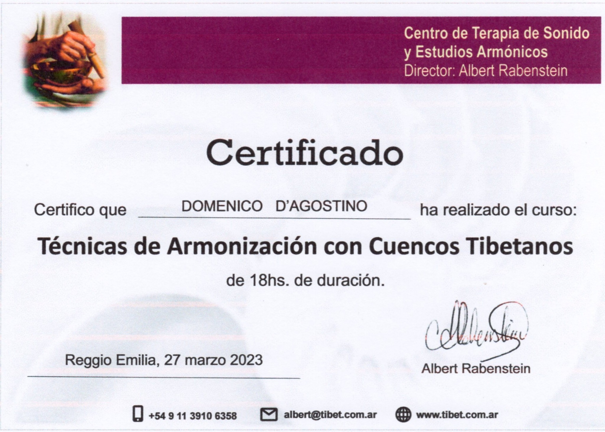 Certificato di tecniche di armonizzazione con campane tibetane