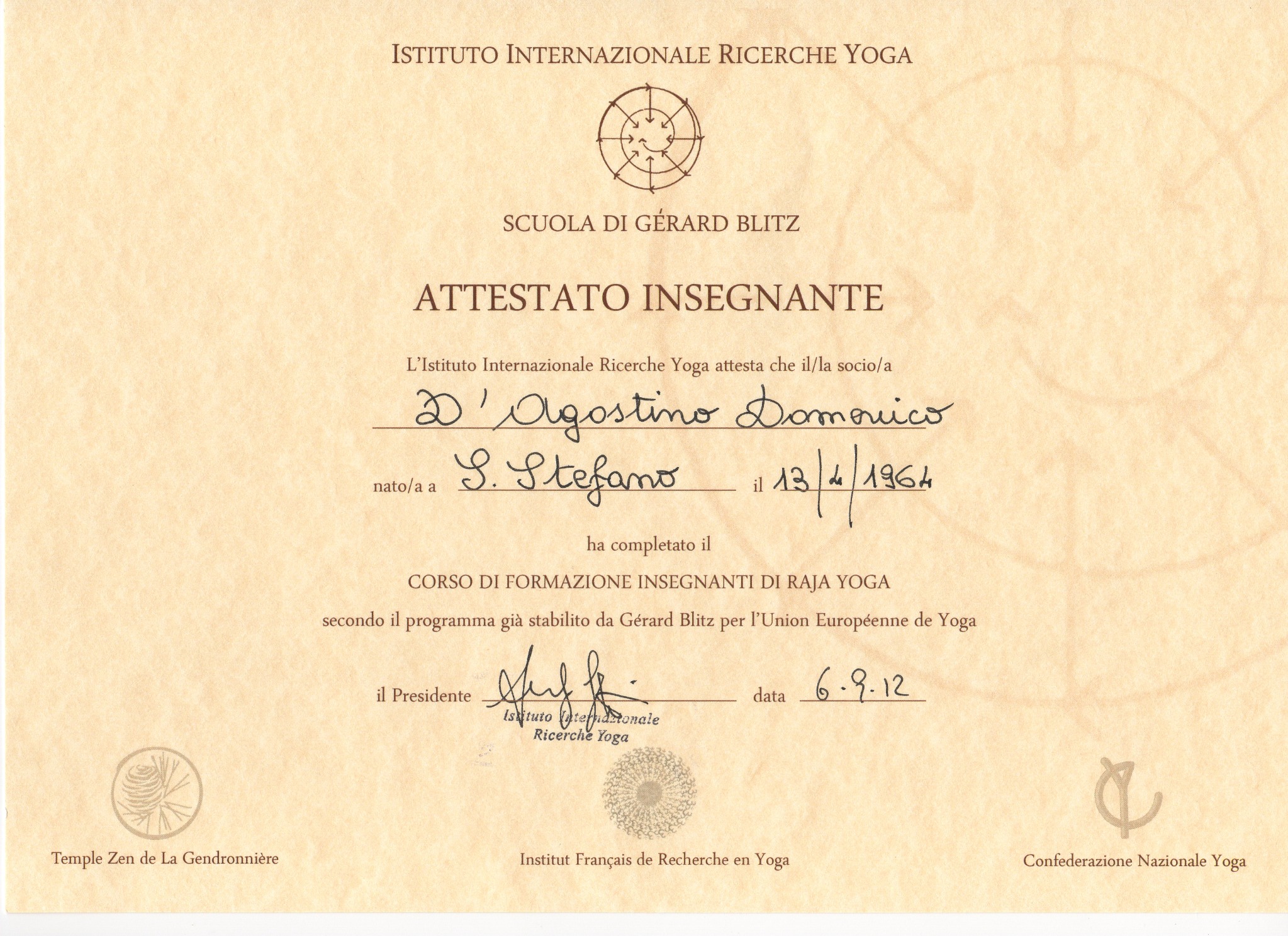 Attestato di formazione insegnanti di Raja Yoga