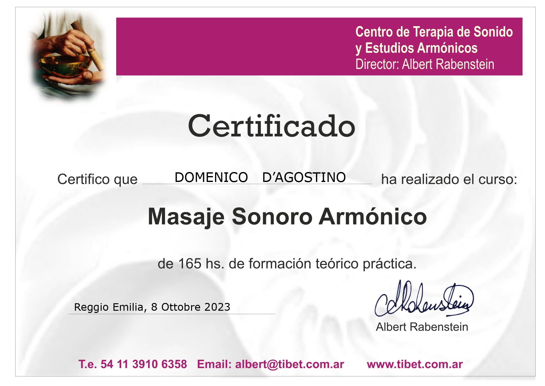 Certificato di Massaje Sonoro Armónico, 165 ore di formazione teorico-pratica