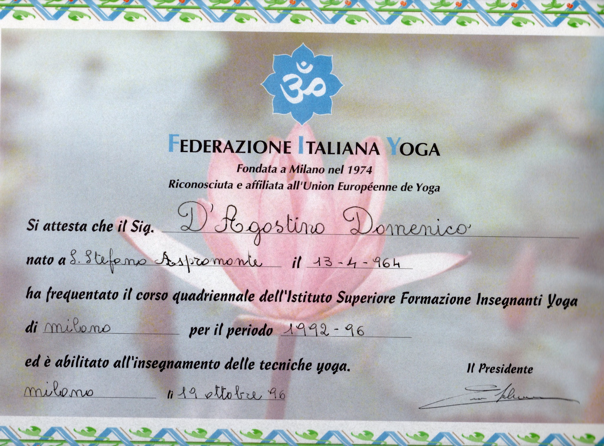 Attestato della Federazione Italiana Yoga, formazione dal 1992 al 1996