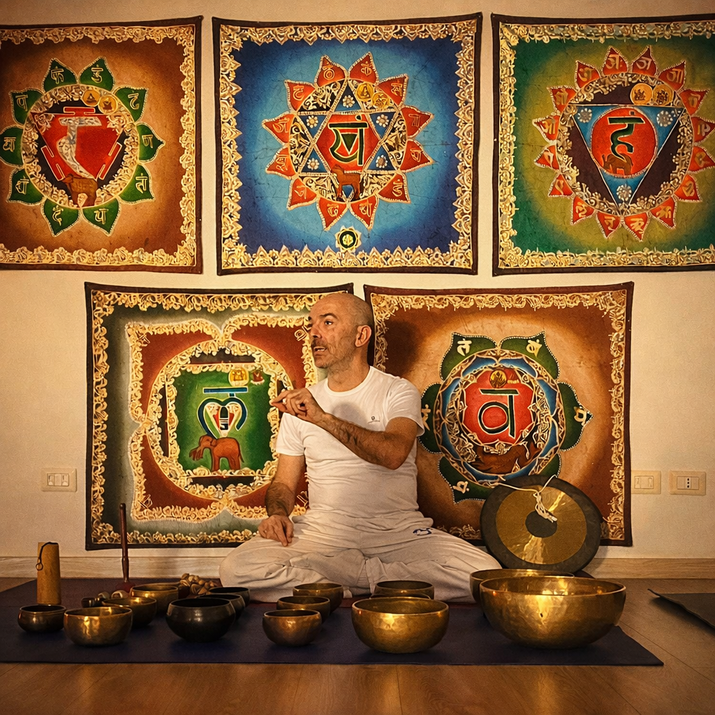 Domenico D’Agostino seduto tra gong, handpan e campane tibetane